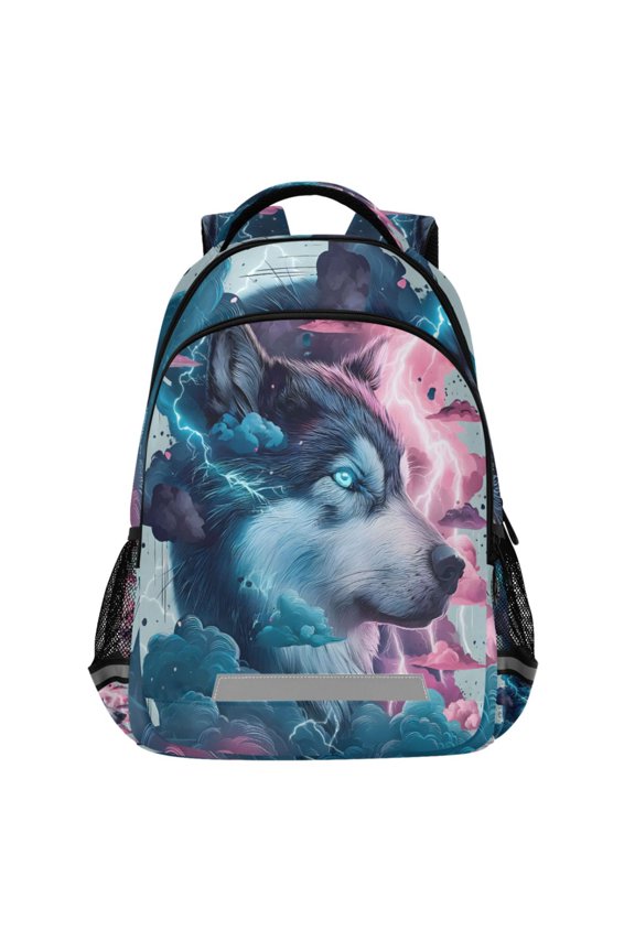 Wolf Cloud Lightning Pattern Backpack Elementary School Bags Student Bookbag Travel Rucksack