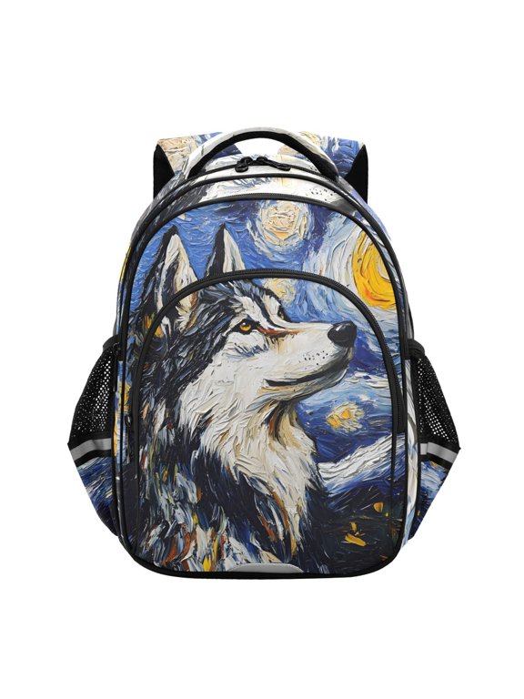Wolf Oil Paint School Backpack Elementary Bag Bookbag Travel Rucksack