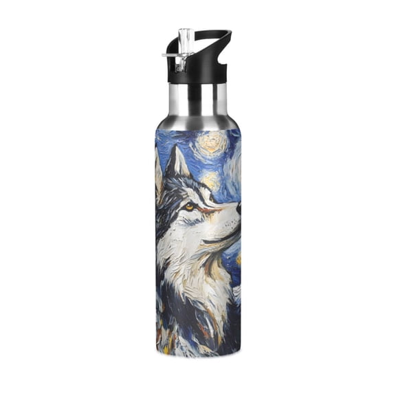 ALAZA Wolf Oil Paint Water Bottle Insulated Flask Stainless Steel Straw Lid 20 oz