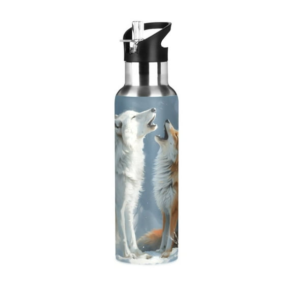 ALAZA Wolf and Fox Water Bottle Insulated Flask Stainless Steel Straw Lid 20 oz