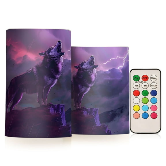 ALAZA Wolf and Lightning 2 PCs LED Flickering Flameless Candles with Remote Timer Battery Operated Candle