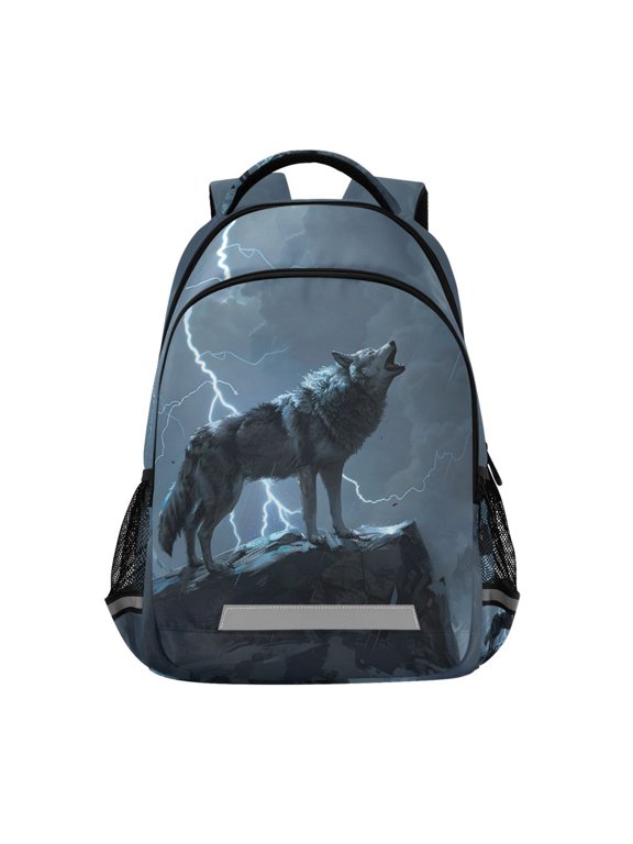 Wolf and Lightning on Mountain Backpack Elementary School Bag Bookbag Travel Rucksack