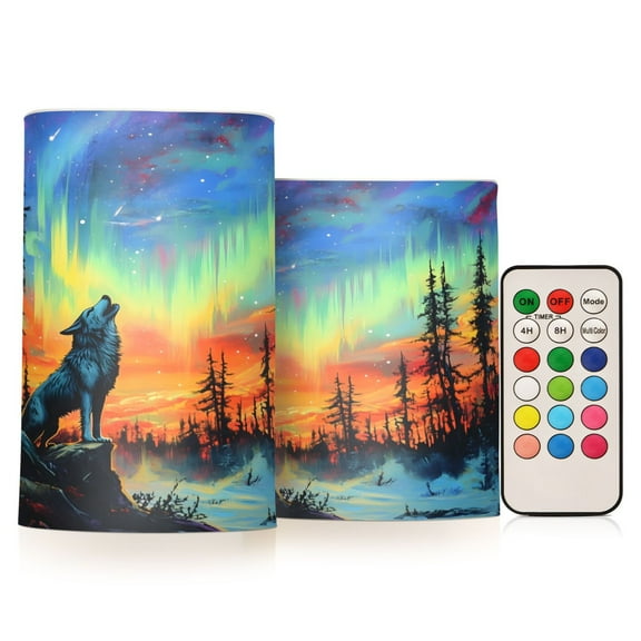 ALAZA Wolf in Sunset Forest 2 PCs LED Flickering Flameless Candles with Remote Timer Battery Operated Candle
