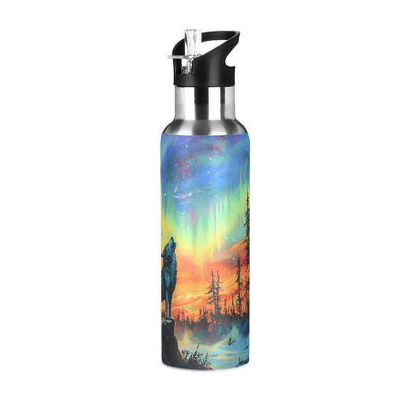 ALAZA Wolf in Sunset Forest Water Bottle Insulated Flask Stainless Steel Straw Lid 20 oz