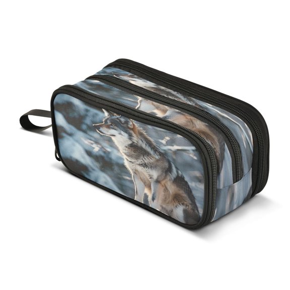 ALAZA Wolf in Winter Pencil Case Bag 3 Compartment Pen Pouch Large Storage Holder Box Organizer