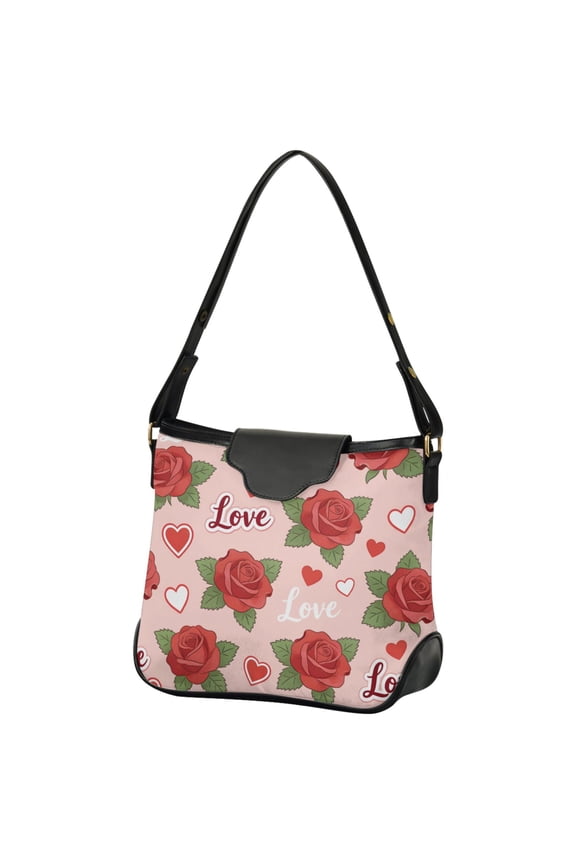 Women Hobo Shoulder Handbag Rose Flowers Love Print Tote Bag Large Capacity Purse