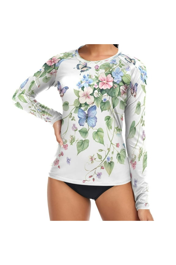 Women UPF 50+ Long Sleeve Rash Guard Watercolor Flower Butterfly UV Sun Protection Surf Swimwear Top S