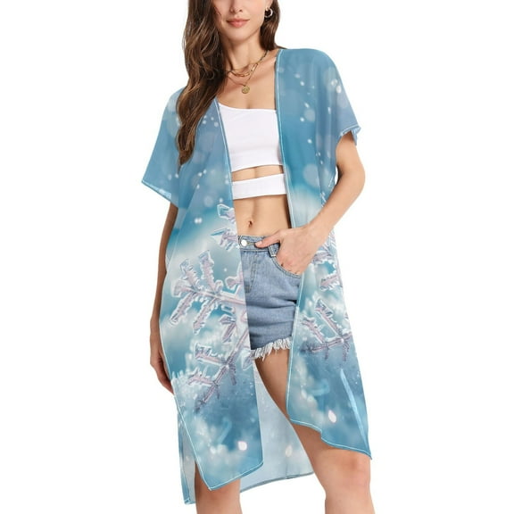 ALAZA Women's Beach Cover Up Snowflakes Christmas Kimono Swimsuit Summer Cardigan Swimwear L