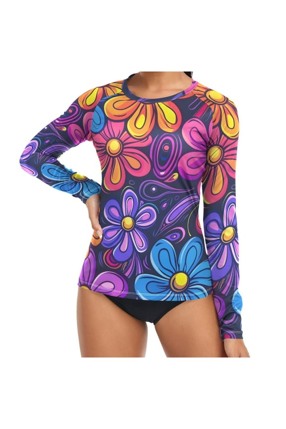Womens UPF 50+ Rash Guard Abstract Colorful Flowers Long Sleeve UV Protection Sun Shirts Tops XL