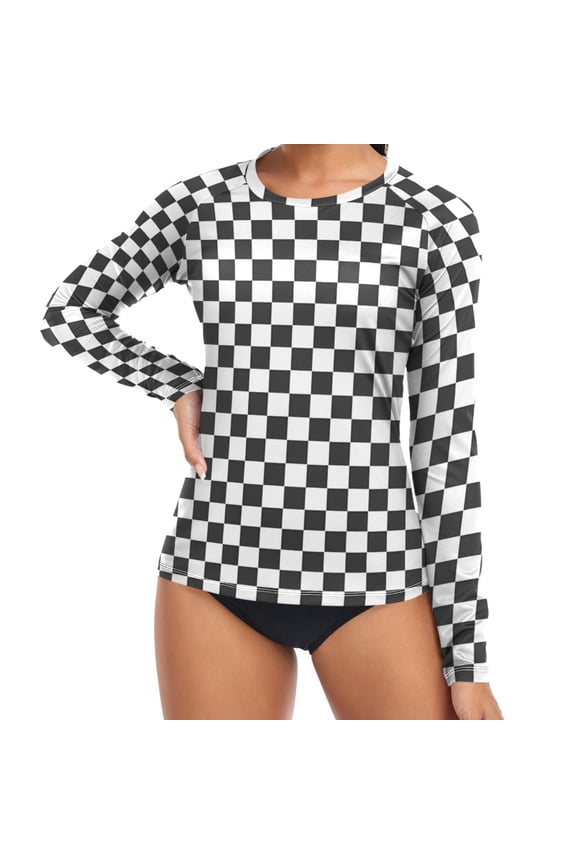 Womens UPF 50+ Rash Guard Buffalo Checkered Long Sleeve UV Protection Sun Shirts Tops M