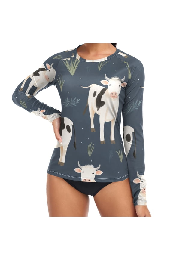 Womens UPF 50+ Rash Guard Cow on Grass Long Sleeve UV Protection Sun Shirts Tops M