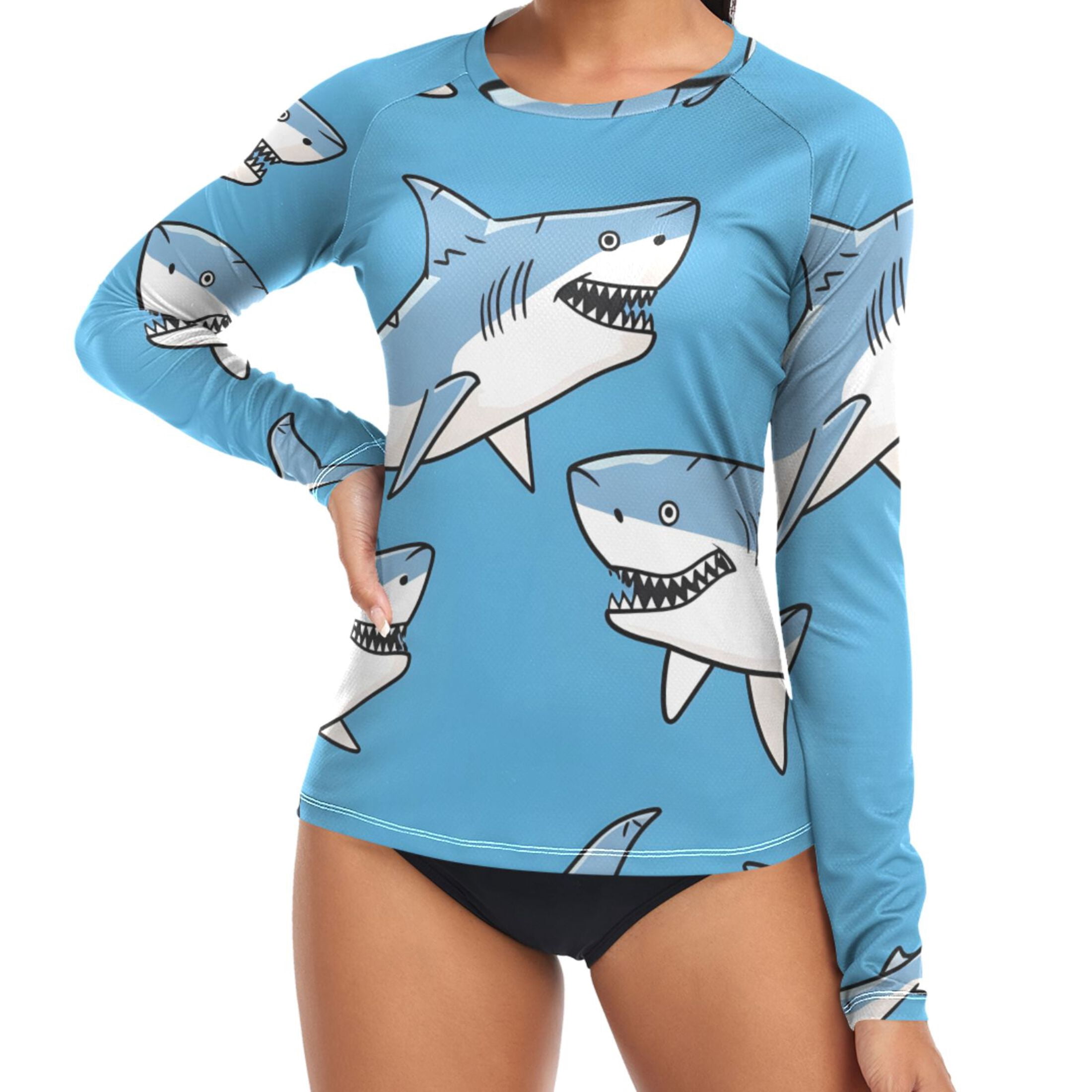 ALAZA Womens UPF 50+ Rash Guard Cute Cartoon Sharks Long Sleeve UV ...