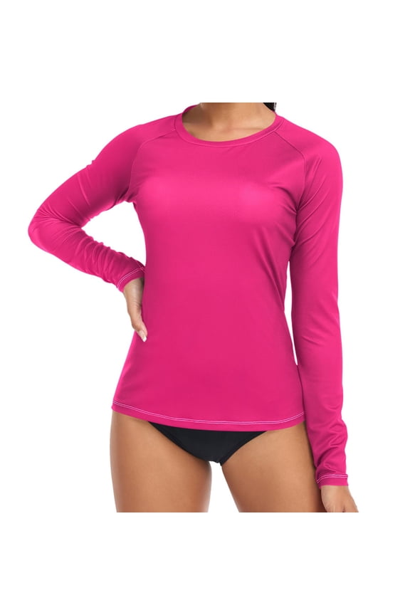 Womens UPF 50+ Rash Guard Deep Pink Long Sleeve UV Protection Sun Shirts Tops M
