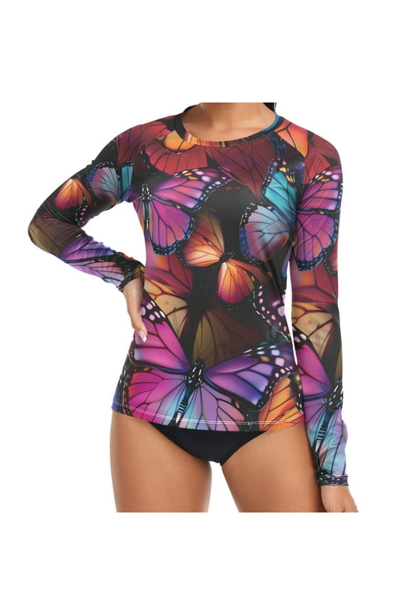 Womens UPF 50+ Rash Guard Orange Purple Butterfly Long Sleeve UV Protection Sun Shirts Tops S