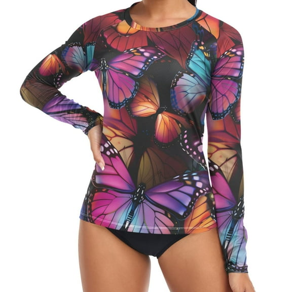ALAZA Womens UPF 50+ Rash Guard Orange Purple Butterfly Long Sleeve UV Protection Sun Shirts Tops XL