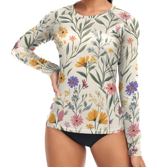 ALAZA Womens UPF 50+ Rash Guard Retro Wildflowers Long Sleeve UV Protection Sun Shirts Tops XL