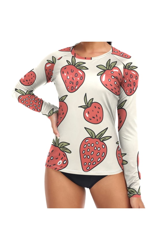 Womens UPF 50+ Rash Guard Strawberry Long Sleeve UV Protection Sun Shirts Tops XL