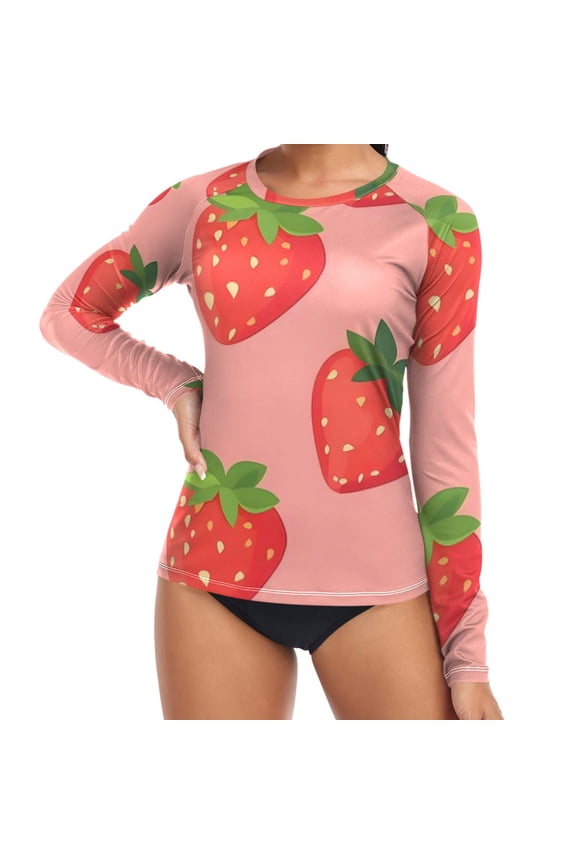 Womens UPF 50+ Rash Guard Strawberry Pattern Long Sleeve UV Protection Sun Shirts Tops S