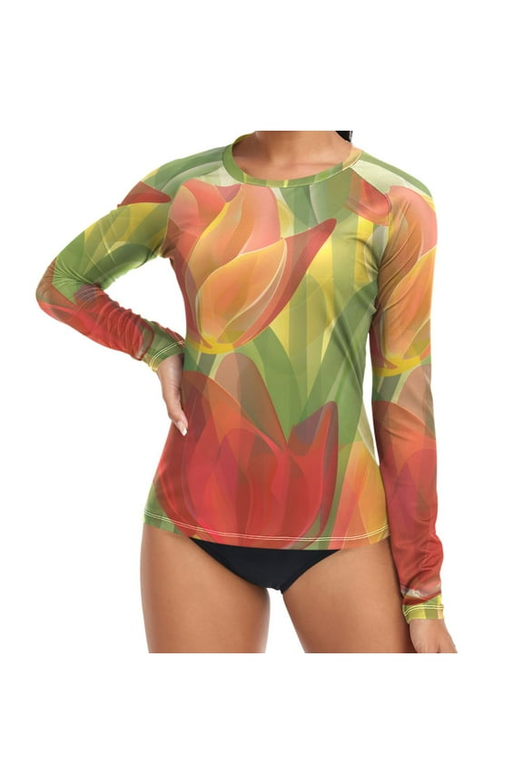 Womens UPF 50+ Rash Guard Tulip Floral Long Sleeve UV Protection Sun Shirts Tops M