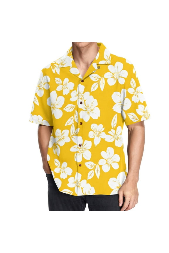 Yellow Flower Men's Hawaiian Shirt Short Sleeve Casual Button Down Shirts 2XL