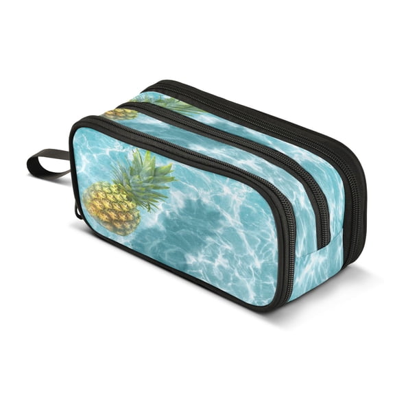ALAZA Yellow Pineapple on Blue Water Pencil Case Bag 3 Compartment Pen Pouch Large Storage Holder Box Organizer