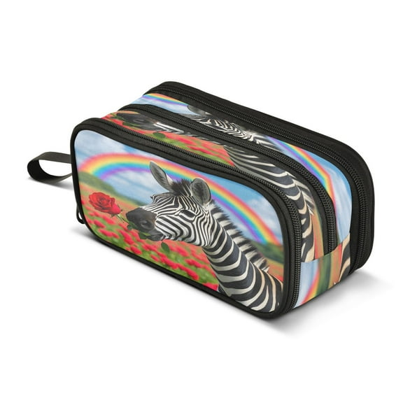 ALAZA Zebra Rose Field Pencil Case Bag 3 Compartment Pen Pouch Large Storage Holder Box Organizer