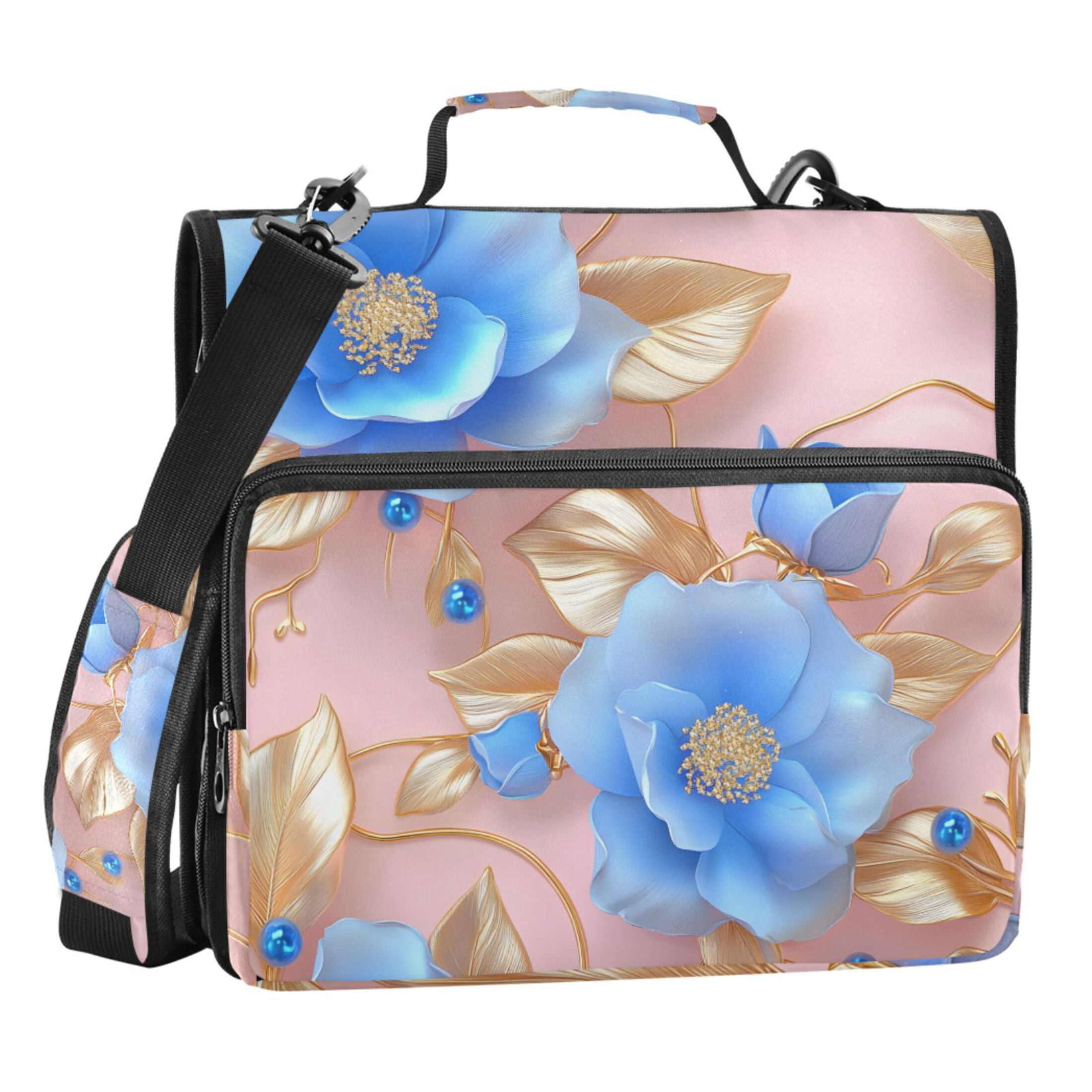 ALAZA Zipper Binder 3d Blue Flowers 3 Ring Trapper Keeper File Folder Organizer Bag
