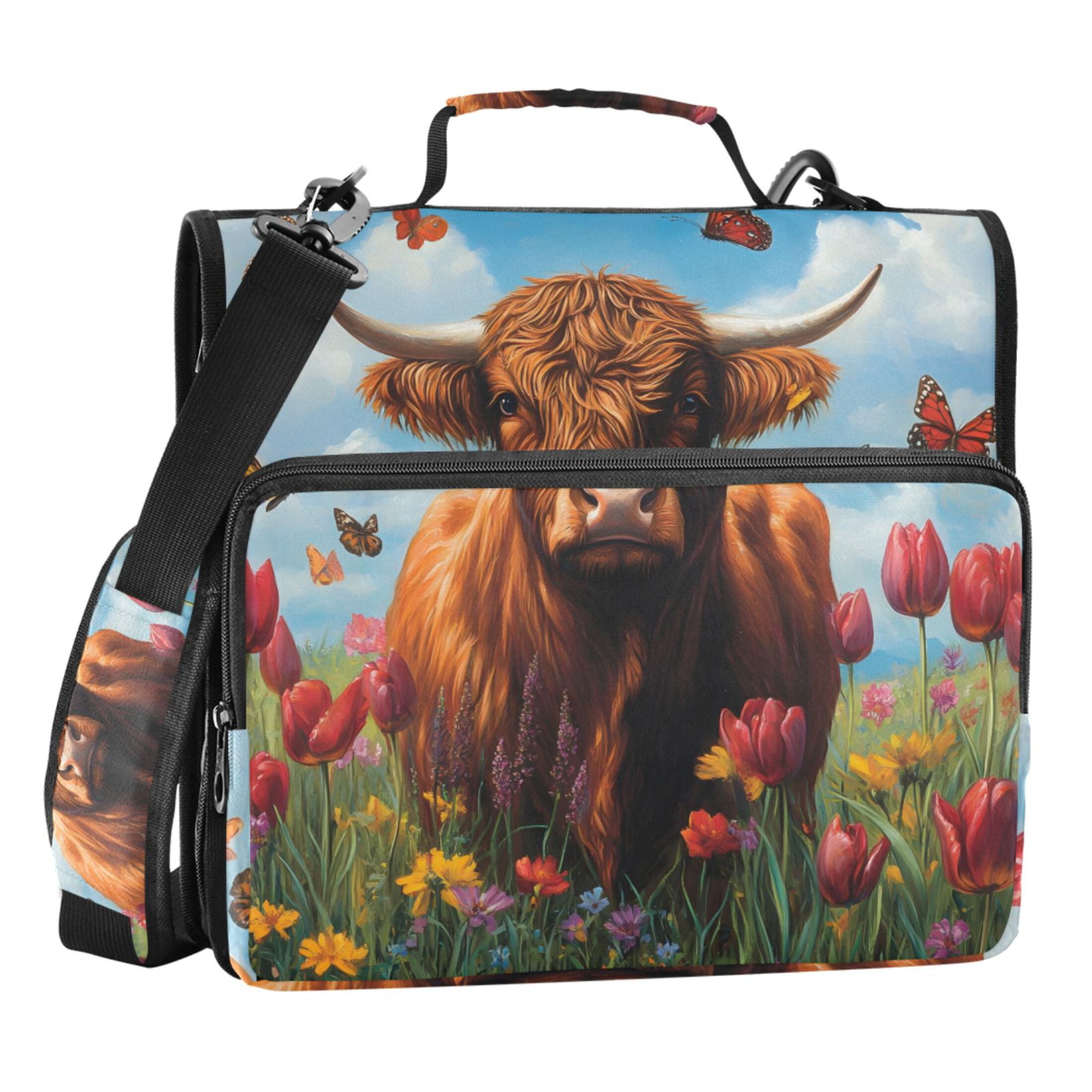 ALAZA Zipper Binder Bag Highland Cattle Tulip Flower 3 Ring File Folder ...