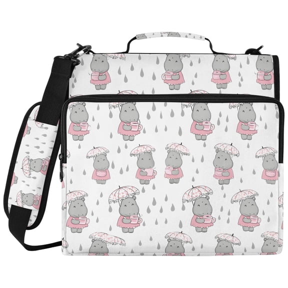 ALAZA Zipper Binder Cartoon Hippo in Rain Pattern 2 inch 3 Ring 500 Sheet Capacity Trapper Keeper File Folder Organizer Bag