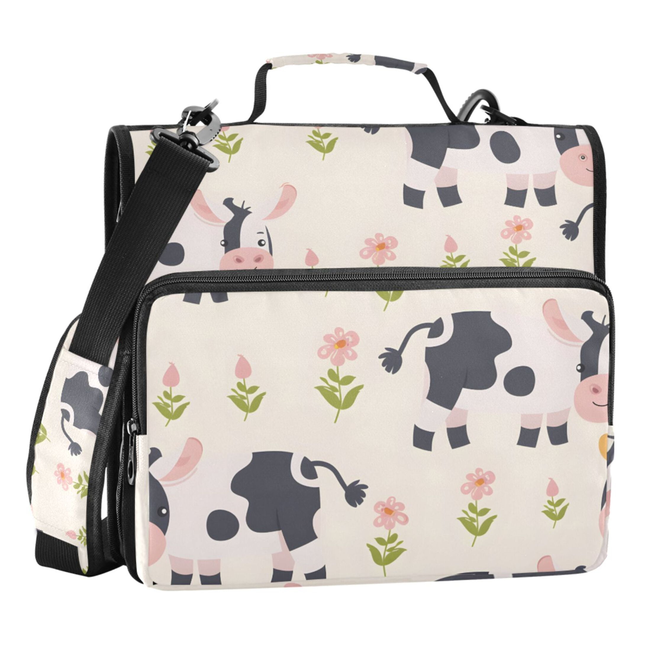 ALAZA Zipper Binder Cute Cartoon Cow Floral 3 Ring Trapper Keeper File Folder Organizer Bag