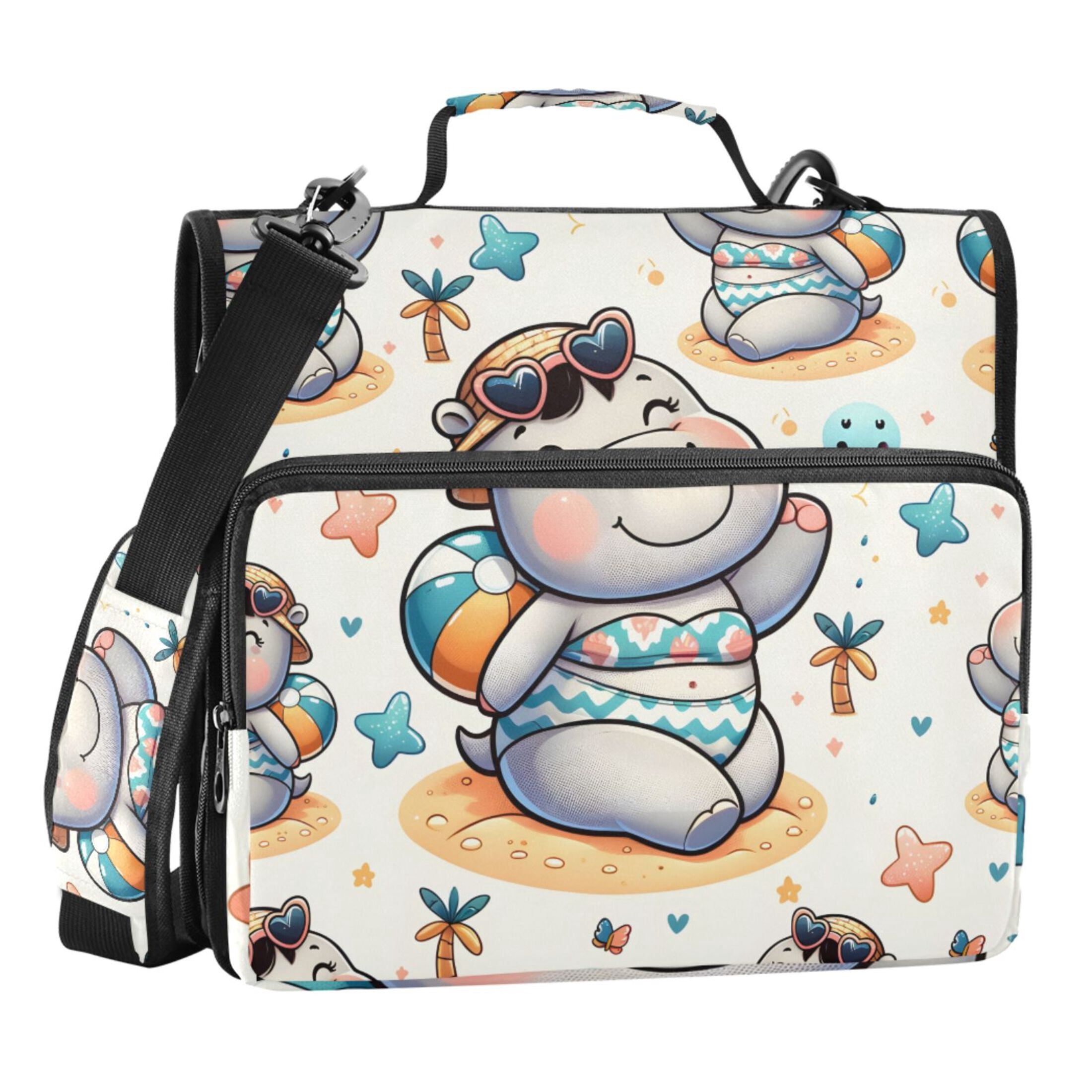 ALAZA Zipper Binder Cute Hippo on Beach 3 Ring Trapper Keeper File Folder Organizer Bag