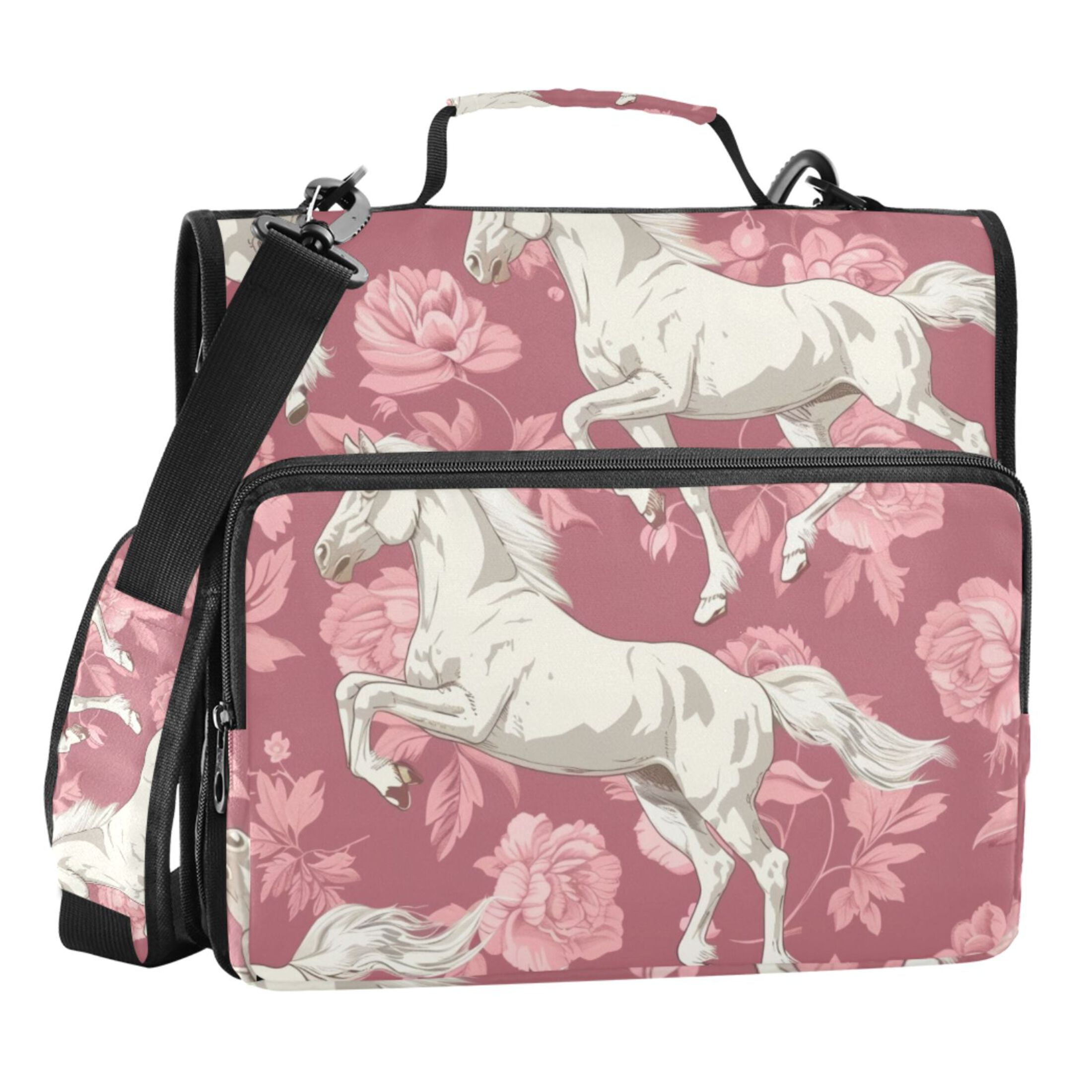 ALAZA Zipper Binder Horse and Flowers 3 Ring Trapper Keeper File Folder Organizer Bag