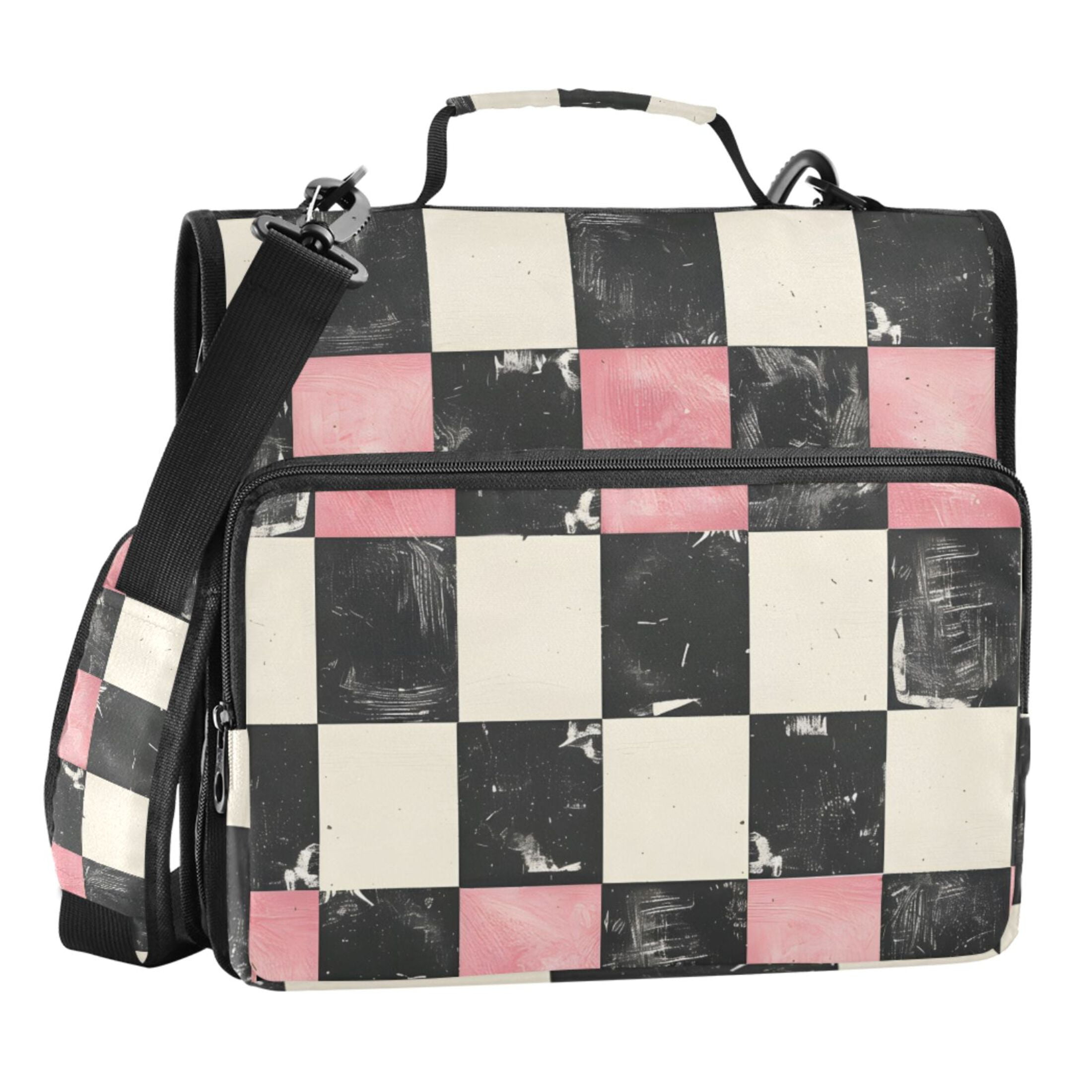 ALAZA Zipper Binder Pink and Black Checkered Pattern 3 Ring Trapper Keeper File Folder Organizer Bag