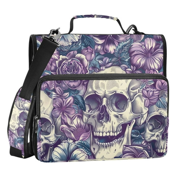 ALAZA Zipper Binder Skull Purple Flowers 3 Ring Trapper Keeper File Folder Organizer Bag