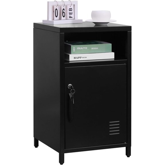 ALBAD Compact Metal Nightstand with Lockable Cabinet and Open Shelf, Modern Bedside Table, Versatile Side Table for Bedroom, Living Room, or Office (Black, 26" H-Lockable Door)