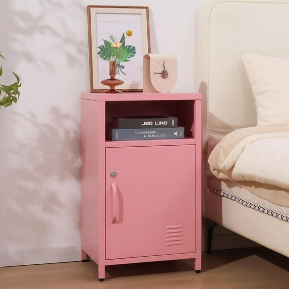 ALBAD Compact Metal Nightstand with Lockable Cabinet and Open Shelf, Modern Bedside Table, Versatile Side Table for Bedroom, Living Room, or Office (Pink, 26" H-Lockable Door)