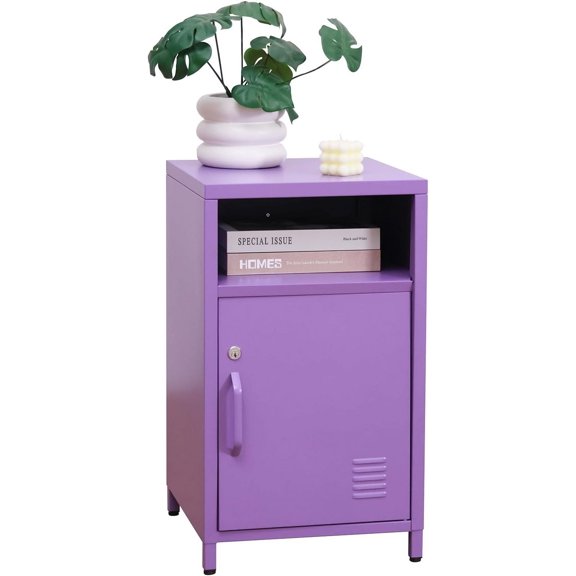ALBAD Compact Metal Nightstand with Lockable Cabinet and Open Shelf, Modern Bedside Table, Versatile Side Table for Bedroom, Living Room, or Office (Purple, 26" H-Lockable Door)