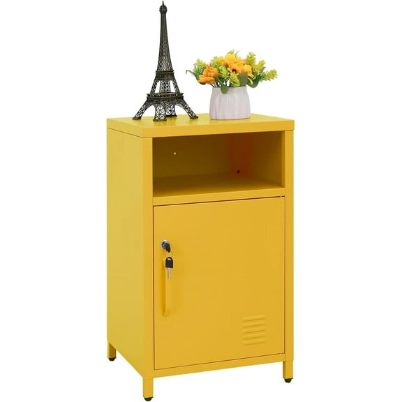 ALBAD Compact Metal Nightstand with Lockable Cabinet and Open Shelf, Modern Bedside Table, Versatile Side Table for Bedroom, Living Room, or Office (Yellow, 26" H-Lockable Door)
