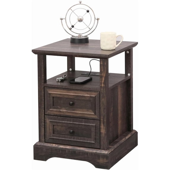 ALBAD Farmhouse Nightstand with Charging Station Rustic Bedside Table with 2 Drawers and Open Shelf Side Table with Metal Handle for Bedroom Office, Walnut Brown