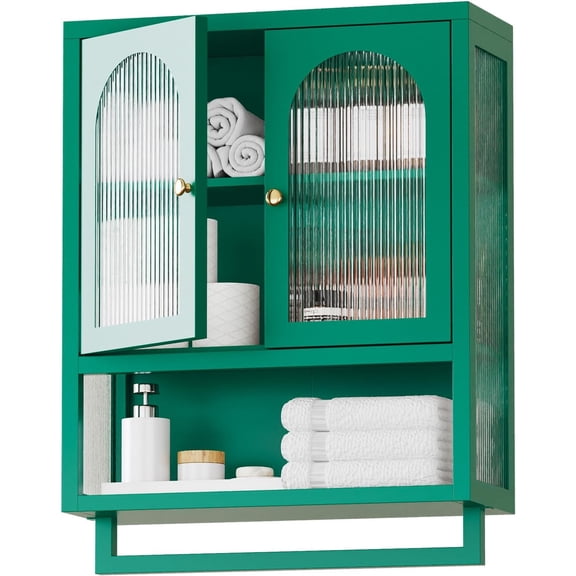 ALBAD Metal Bathroom Wall Cabinet with Fluted Glass Door and Towel Bar Wall-Mounted Medicine Cabinets Over The Toilet for Modern Bathroom, Kitchen, Garage, Laundry Room, Green