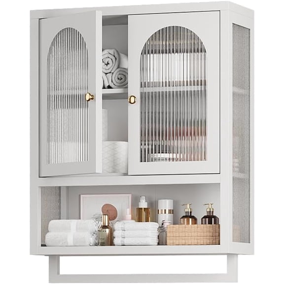 ALBAD Metal Bathroom Wall Cabinet with Fluted Glass Door and Towel Bar Wall-Mounted Medicine Cabinets Over The Toilet for Modern Bathroom, Kitchen, Garage, Laundry Room, White