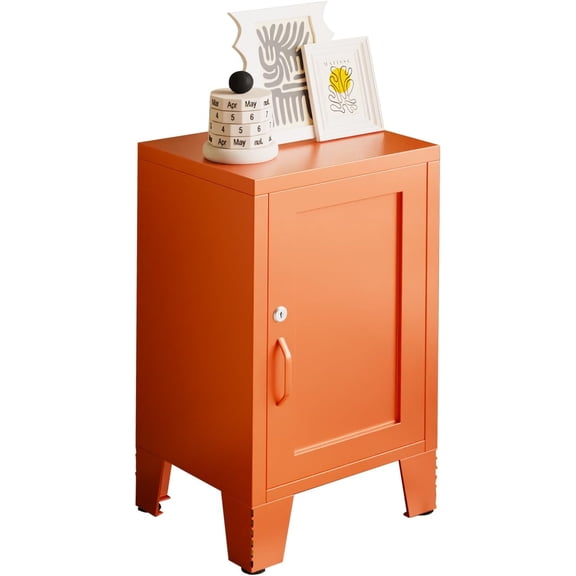 ALBAD Metal Nightstand with Lockable Cabinet, Compact Mini Locker Bedside Table for Kids & Adults, Modern Steel Side Table for Bedroom, Dorm, or Living Room (Orange)