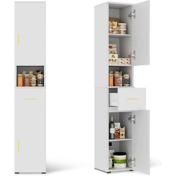 ALBAD Tall Narrow Storage Cabinets Free-Standing Bathroom Linen Tower with Drawer & 2 Door Multi-Purpose Skinny Floor Cabinet with Adjustable Shelves for Bathroom Kitchen Laundry White