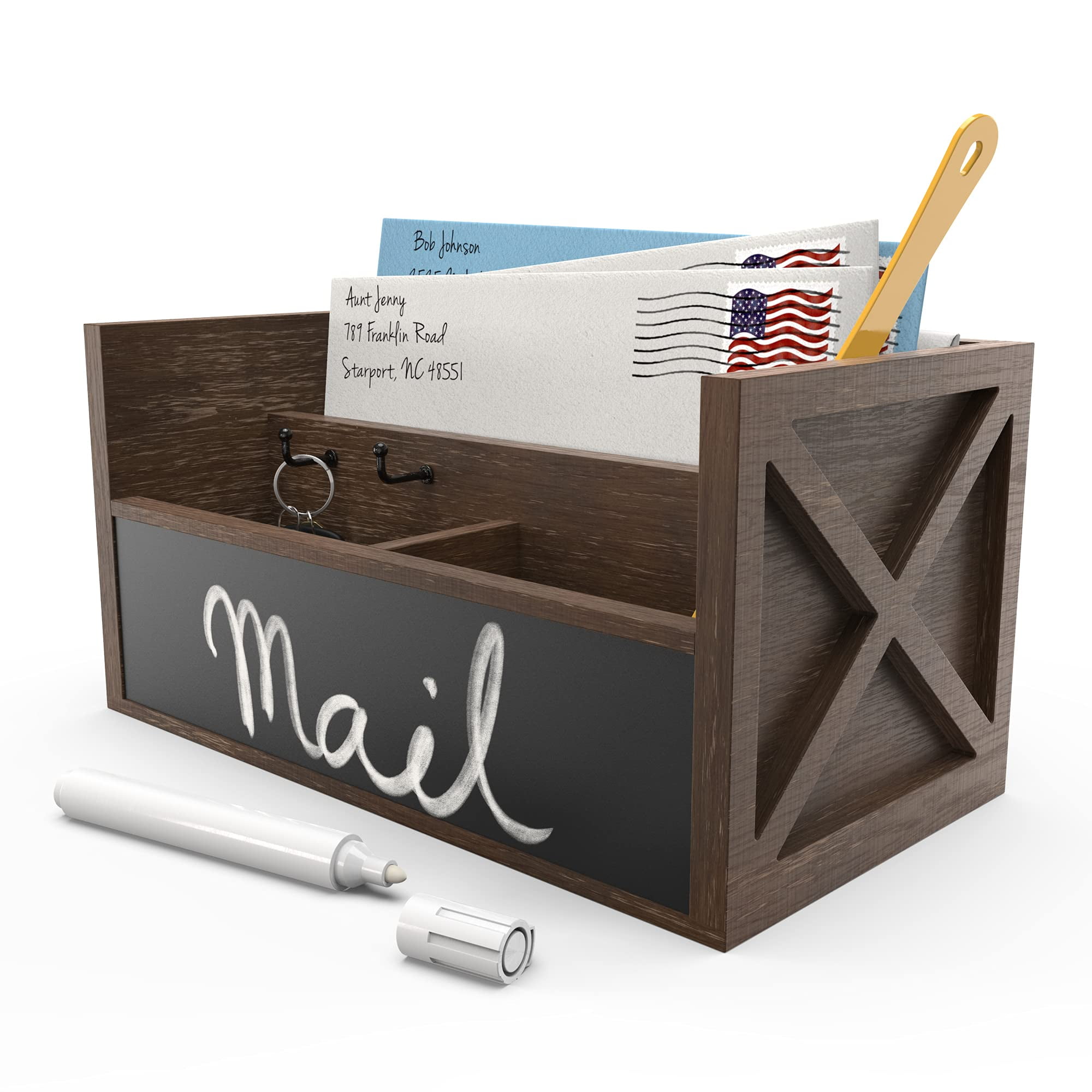 ALBEN Farmhouse Mail Sorter with Chalkboard- Wooden Farmhouse Style Mail Holder for Countertops with Storage Compartments, Customizable Chalk Sign, and Chalk Pen (Weathered Oak)