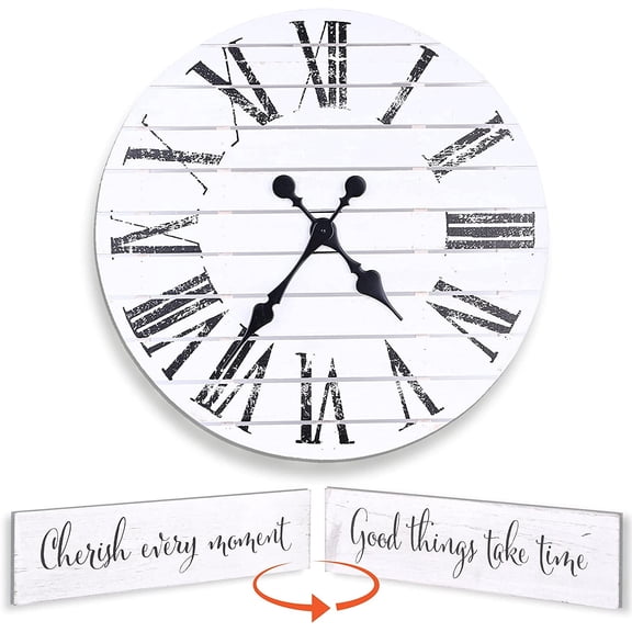 ALBEN Large Farmhouse Wall Clock - 24 inch Round Shiplap Farmhouse Style Clock Bundled with Decorative Reversible Wooden Sign
