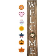ALBEN Welcome Sign For Front Door Porch With Ornamental Tiles - 8 Interchangeable Seasonal Tiles, Celebrate Holidays and Seasons, Vertical Wooden Outdoor and Indoor Welcome Home Decor Sign