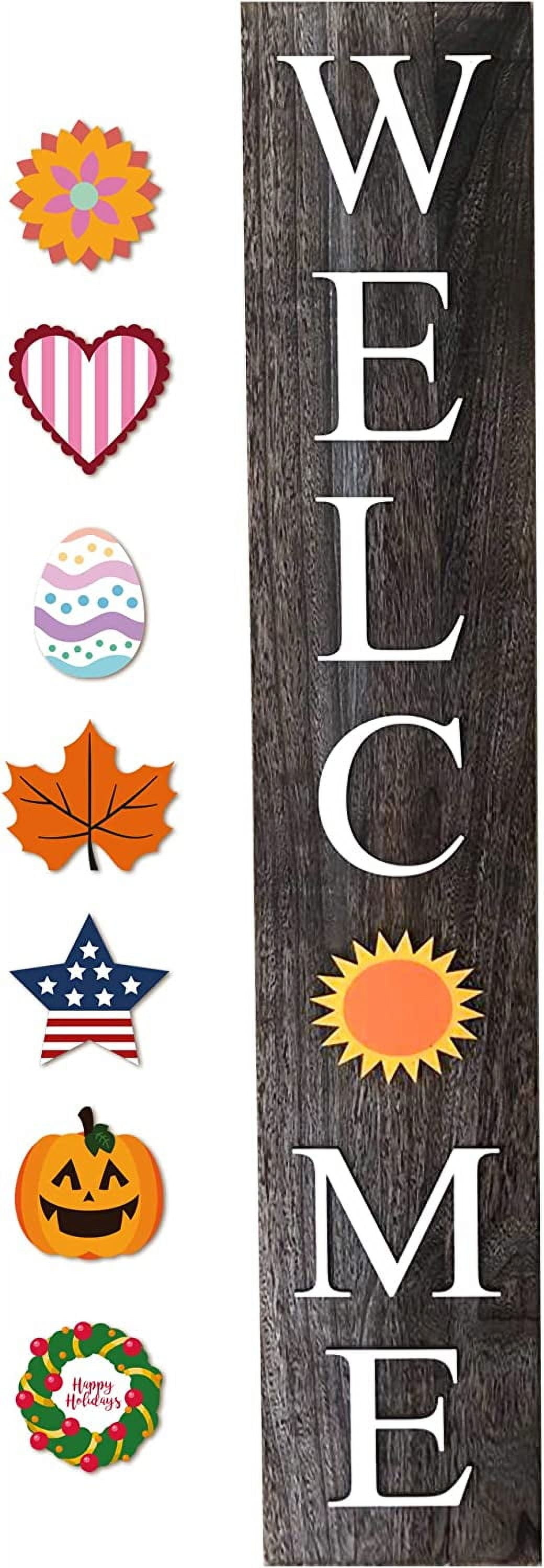 Gray Wooden Rustic Welcome Sign with Interchangeable Seasonal Tiles