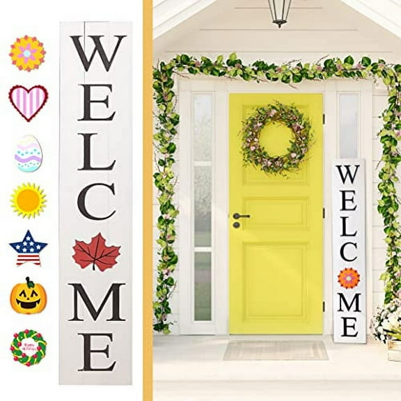 ALBEN Welcome Sign for Front Door Porch with Ornamental Tiles - 8 Interchangeable Seasonal Tiles, Celebrate Holidays and Seasons, Vertical Wooden Outdoor and Indoor Welcome Home Decor Sign (White)