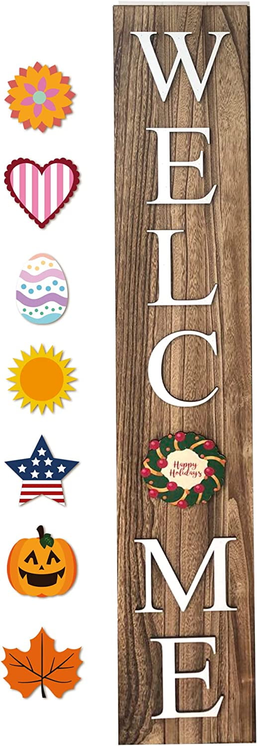 Brown Wooden Vertical Welcome Sign with Interchangeable Seasonal Tiles