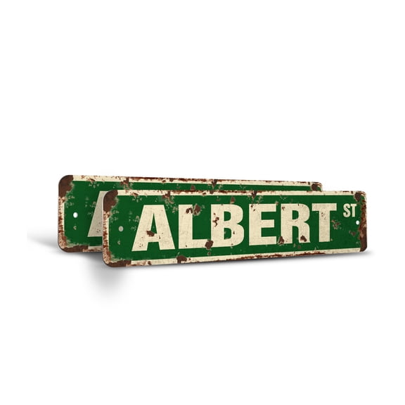 ALBERT Vintage Style Rustic Street Sign – (2 Pack) Childrens Name Room Sign Retro Decorative Wall Sign for Home, Bar, Garage, or Outdoor Use | 6" X 24" Plastic Road Sign